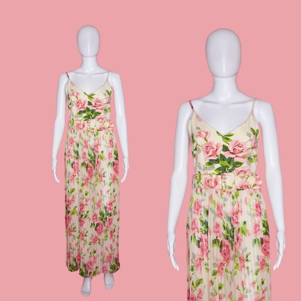 1990s BETSEY JOHNSON. Rose Print Maxi Dress W/PLEATED Skirt & Belt. S-M. AS IS